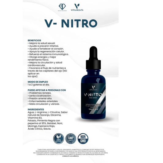 V- Nitro supplement bottle with product details on a white background