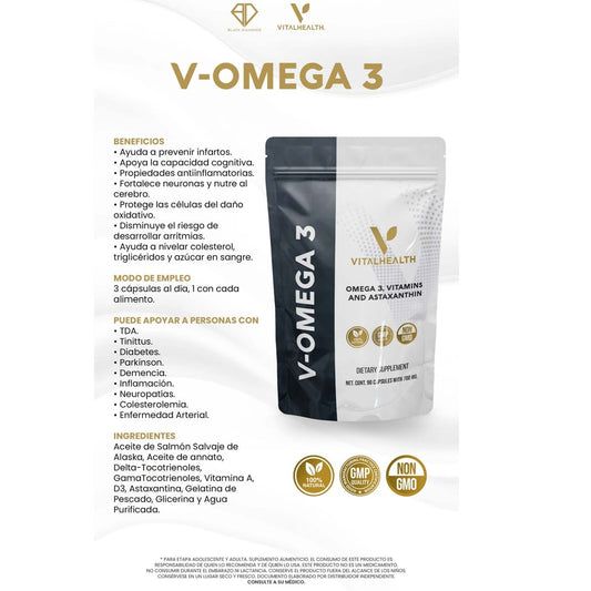 Vital Health V-Omega 3 supplement packaging with text on a white background