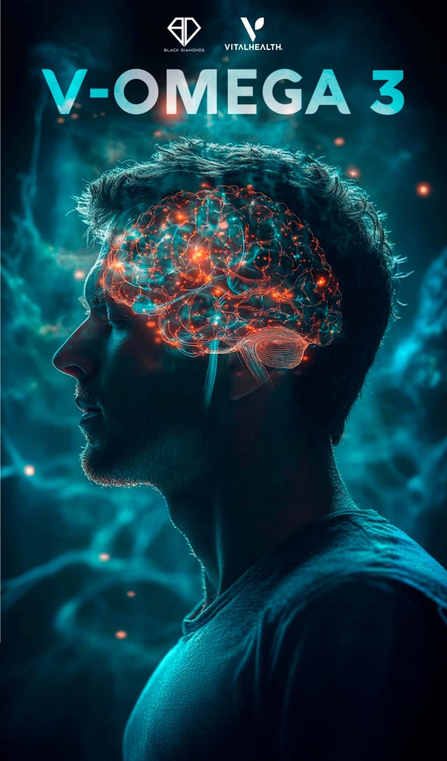 Person with brain visualization and 'VitalHealth V-Omega 3' branding