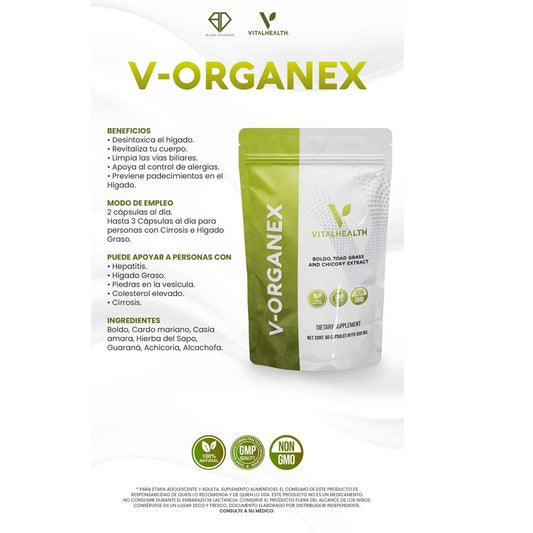 V-Organex supplement package with VitalHealth branding on a white background