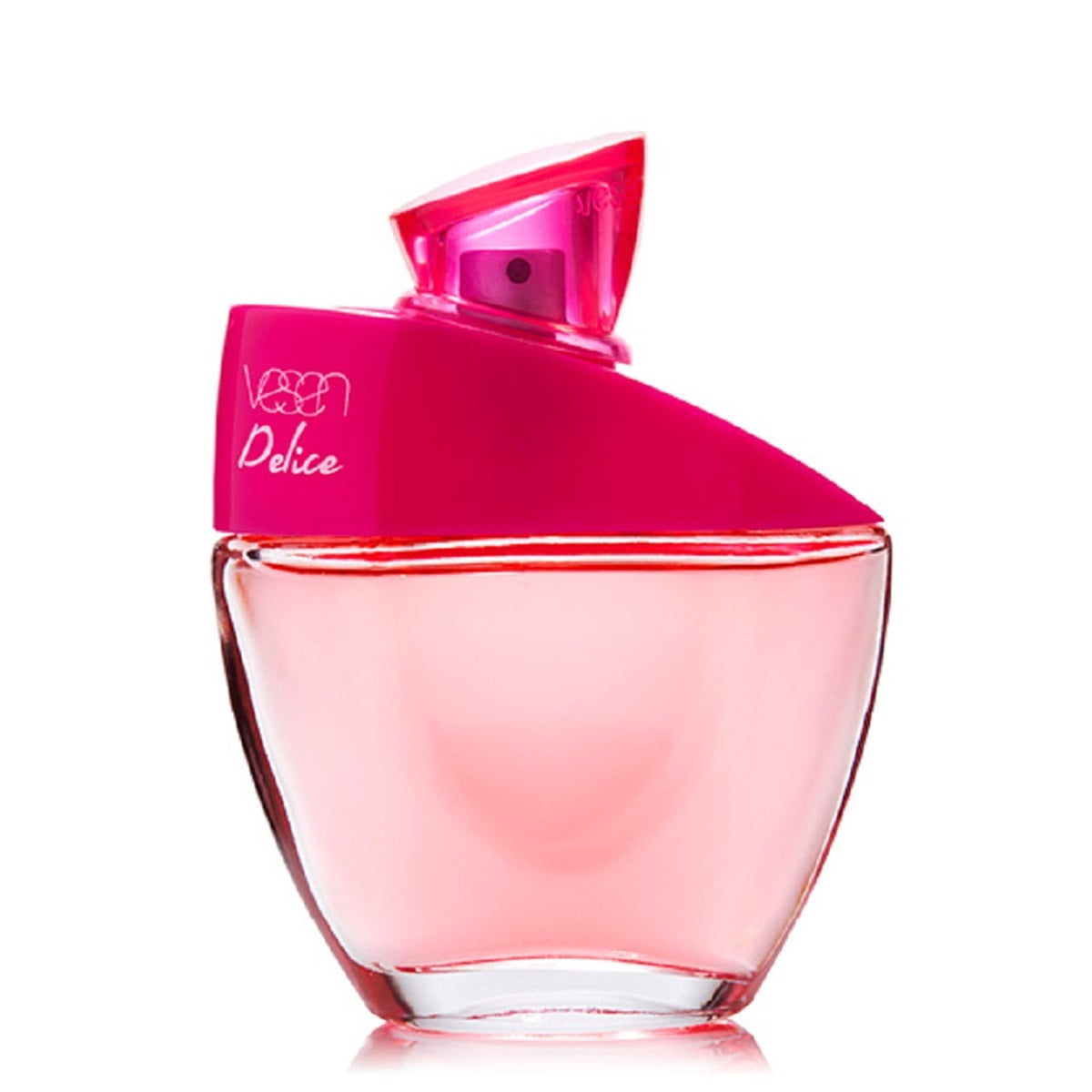 VESEN_DELICE_PERFUME_DE_MUJERPink perfume bottle with a clear base on a white background