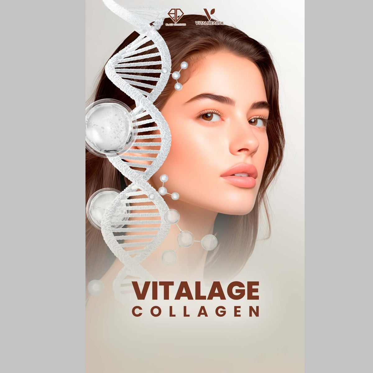 Advertisement for Vitalage Collagen with a woman's face and DNA strands on a light background