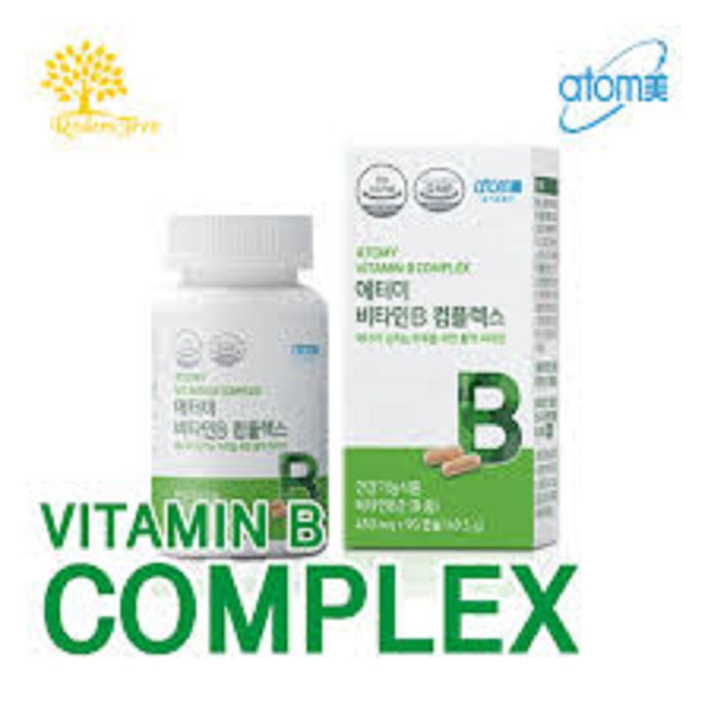 Vitamin B complex supplement bottle and packaging on a white background with Atom brand logo.