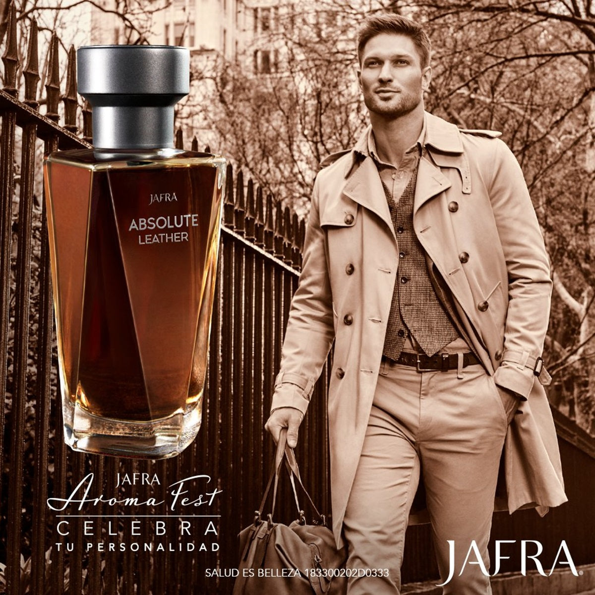 Man in a trench coat standing next to a Jafra Absolute Leather perfume bottle.