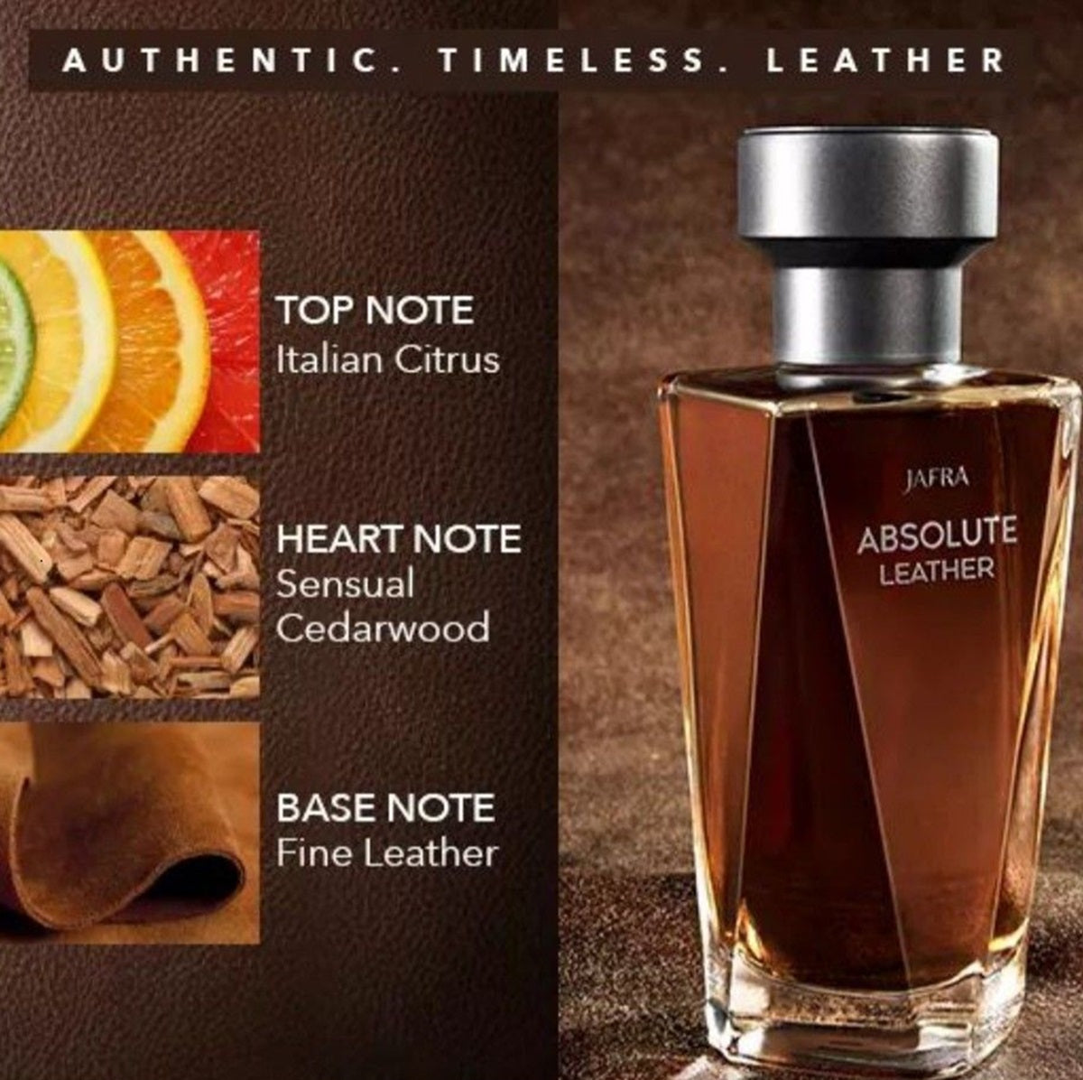 Perfume bottle labeled 'Absolute Leather' with notes on a brown background