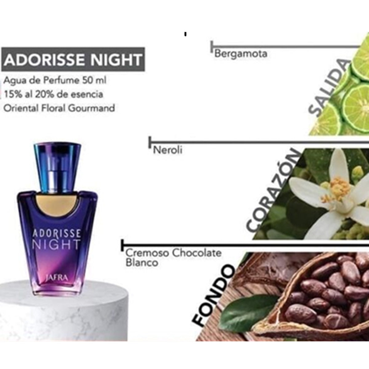Adorisse Night perfume bottle with flavor notes and ingredients displayed.