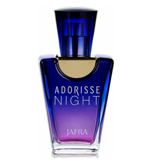 Perfume bottle labeled 'Adorisse Night' by Jafra on a white background