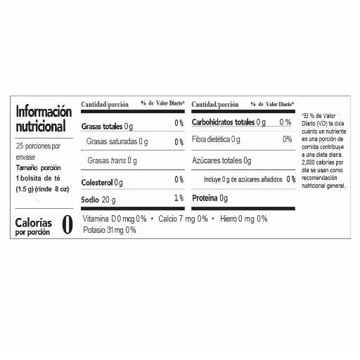 Nutritional information label for a product with zero calories per serving