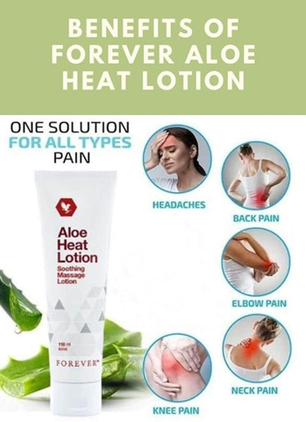 Advertisement for Forever Aloe Heat Lotion with product image and pain relief benefits on a green background