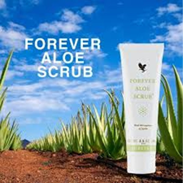 Forever Aloe Scrub tube with aloe plants and blue sky in the background