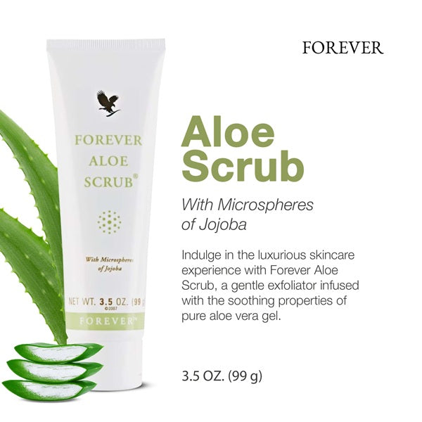 Forever Aloe Scrub packaging with aloe vera leaves on a white background