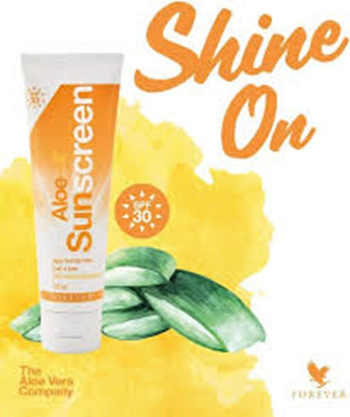 Aloe sunscreen tube with a yellow background and 'Shine On' text.