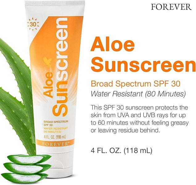 Forever Aloe Sunscreen tube with aloe vera leaves on a white background
