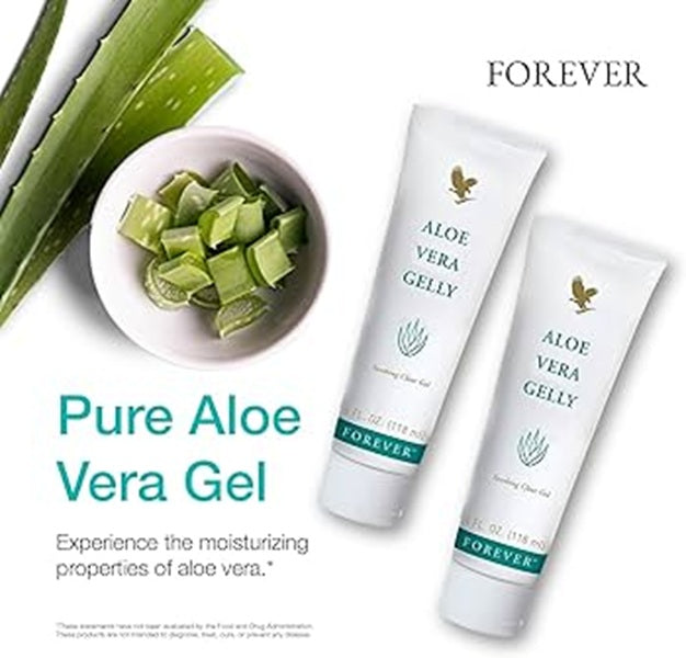 Two tubes of Forever Aloe Vera Gelly with a bowl of aloe vera leaves on a white background.