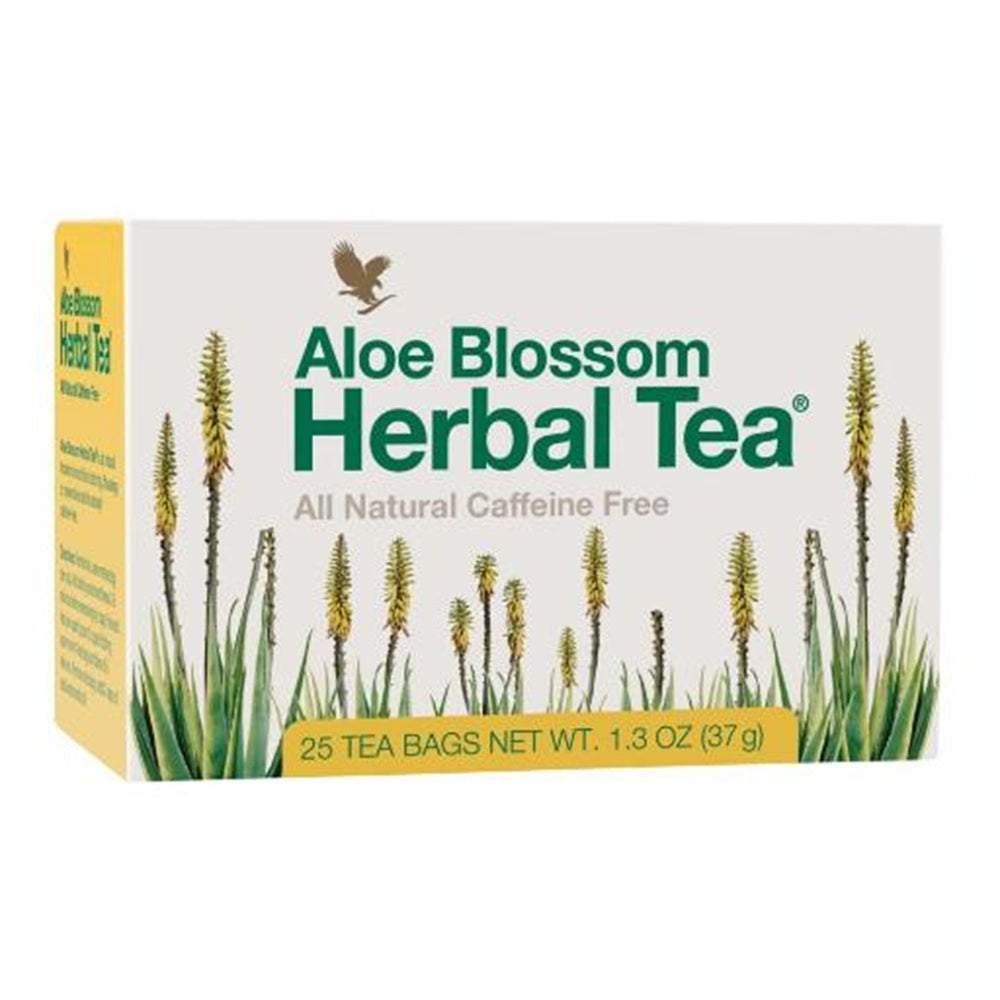 Box of Aloe Blossom Herbal Tea with green text and images of aloe plants on a white background