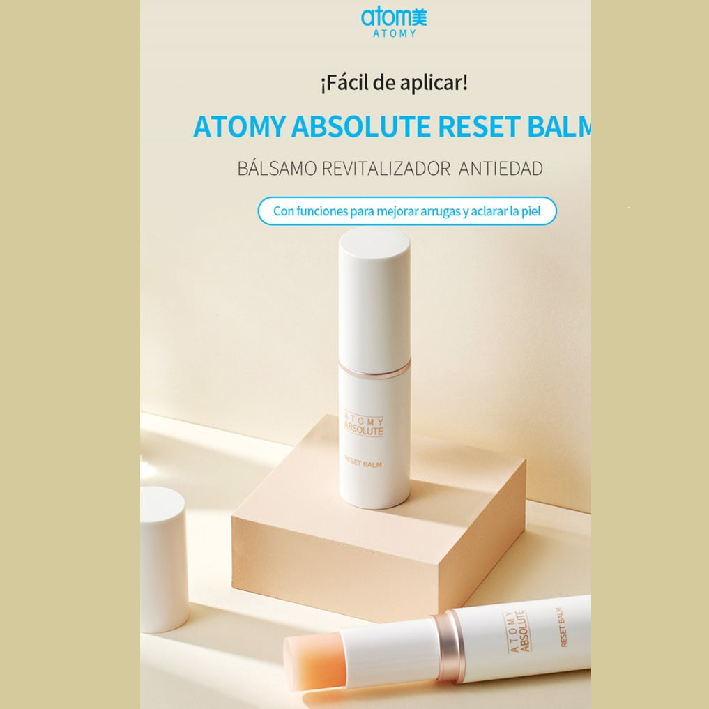 ATOMY Absolute Reset Balm on a beige background with product packaging.