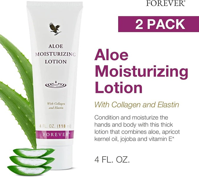 Forever Aloe Moisturizing Lotion packaging with aloe vera plant on a white background