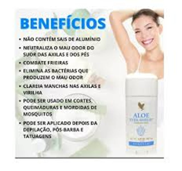 Product advertisement with benefits listed in Portuguese, featuring a woman and a bottle of aloe vera product.