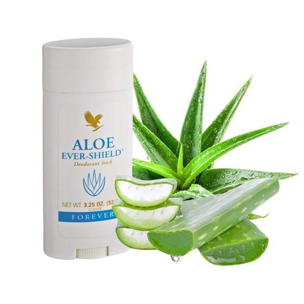 Aloe Ever-Shield deodorant stick with aloe vera leaves on a white background