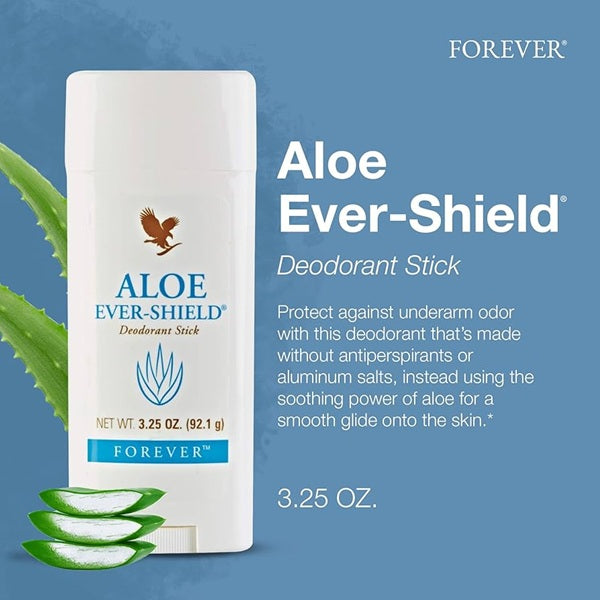 Aloe Ever-Shield Deodorant Stick with aloe vera leaves on a blue background