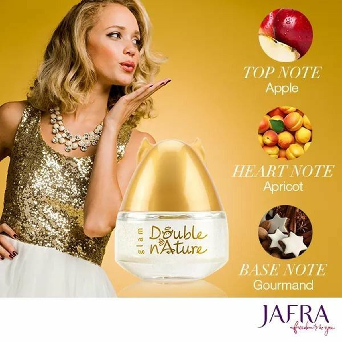 Woman blowing a kiss next to a gold and white perfume bottle with flavor notes displayed on a yellow background.
