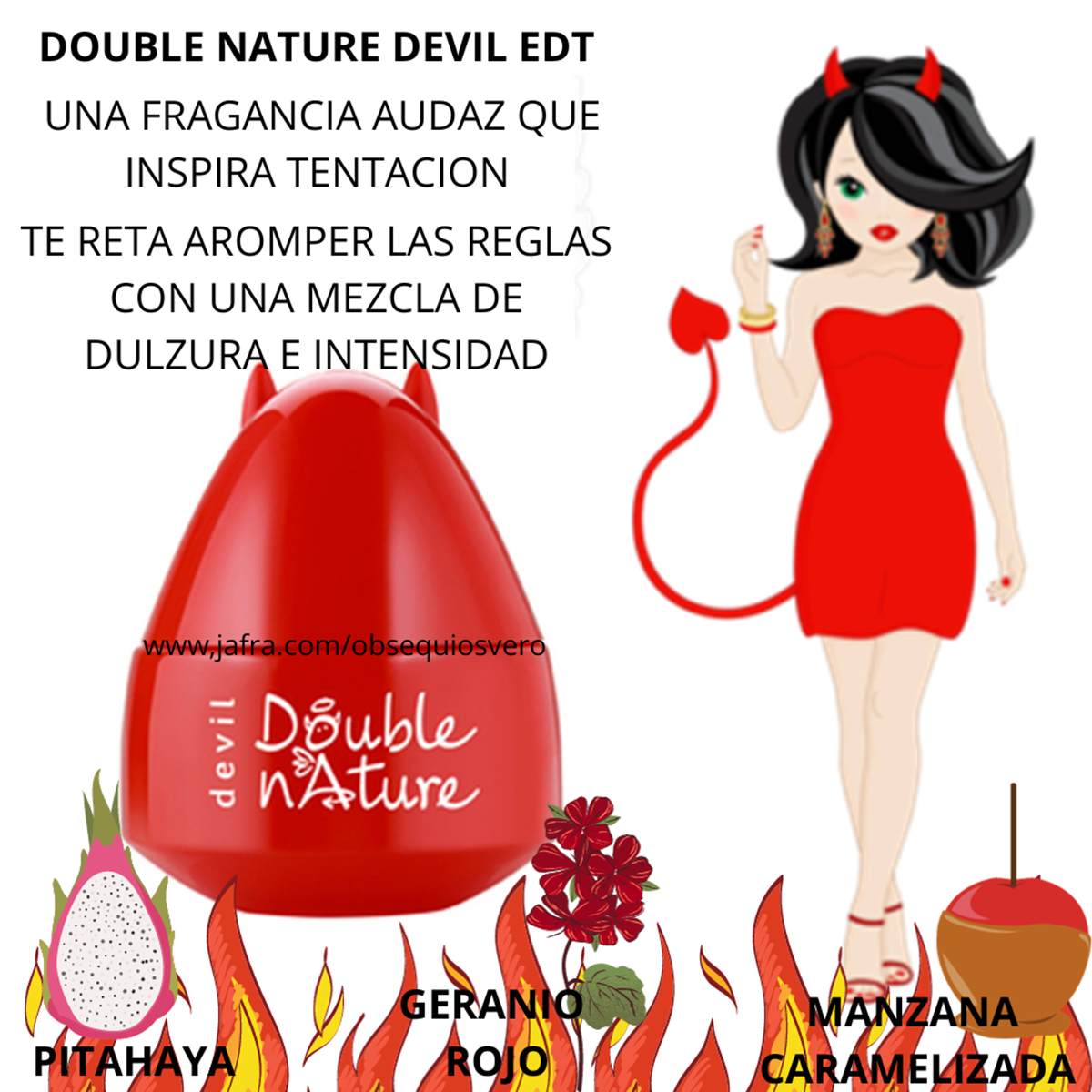 Red bottle labeled 'Double Nature Devil' with a cartoon devil woman and fruit illustrations on a white background.