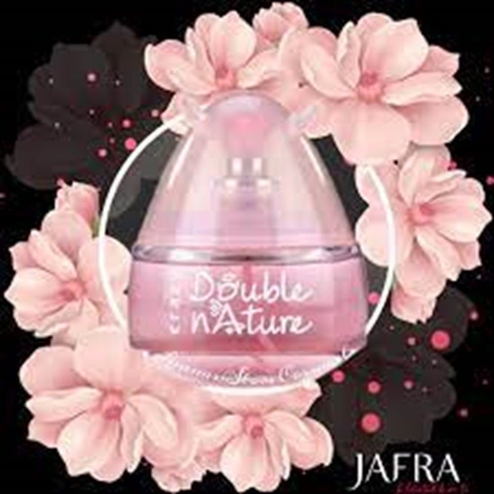 JAFRA Double n'ature skincare product surrounded by pink flowers on a dark background