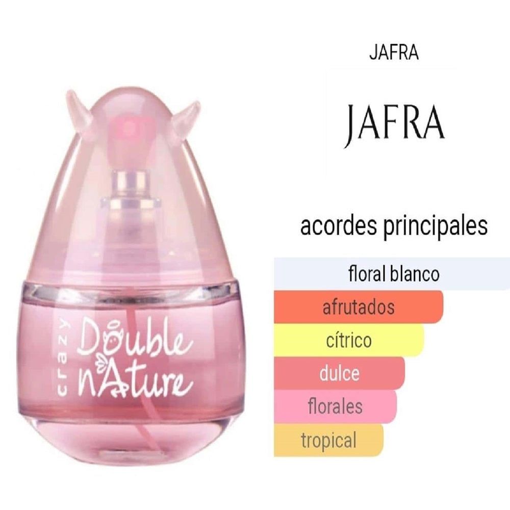 Pink perfume bottle with 'JAFRA' branding and flavor description on a white background