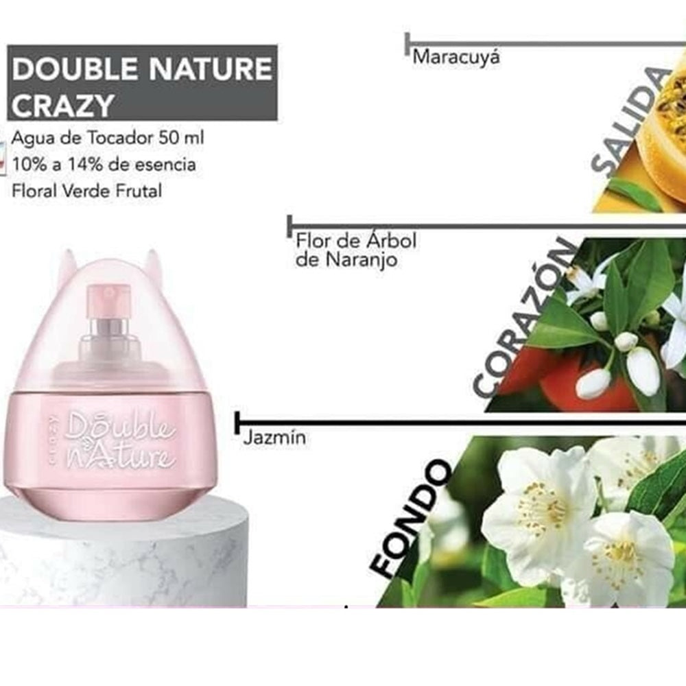 Pink perfume bottle labeled 'Double Nature' with floral elements and text on a white background