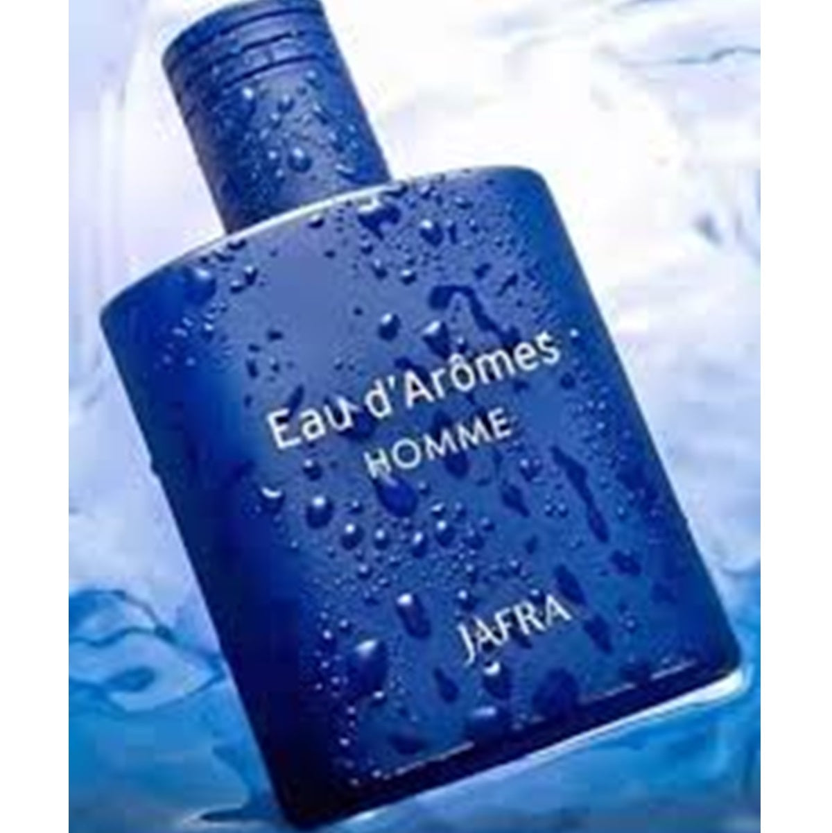 Blue perfume bottle labeled 'Eau d'Arômes Homme' by JAFRA with water droplets on a light blue background.