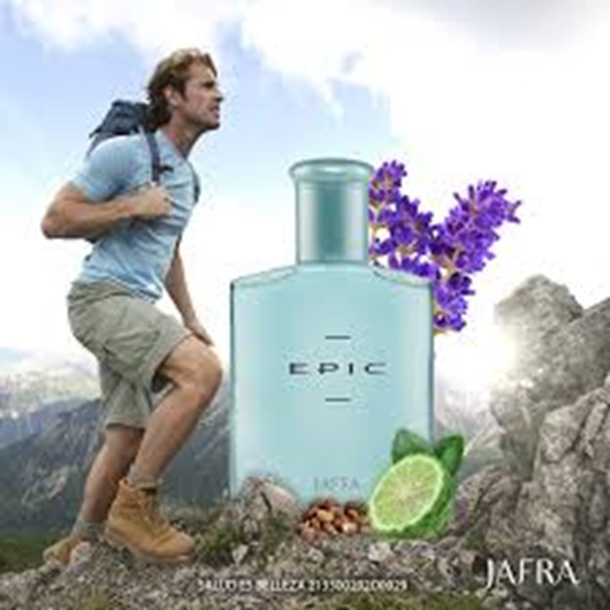 Person hiking with a bottle of 'EPIC' perfume, surrounded by nature elements.