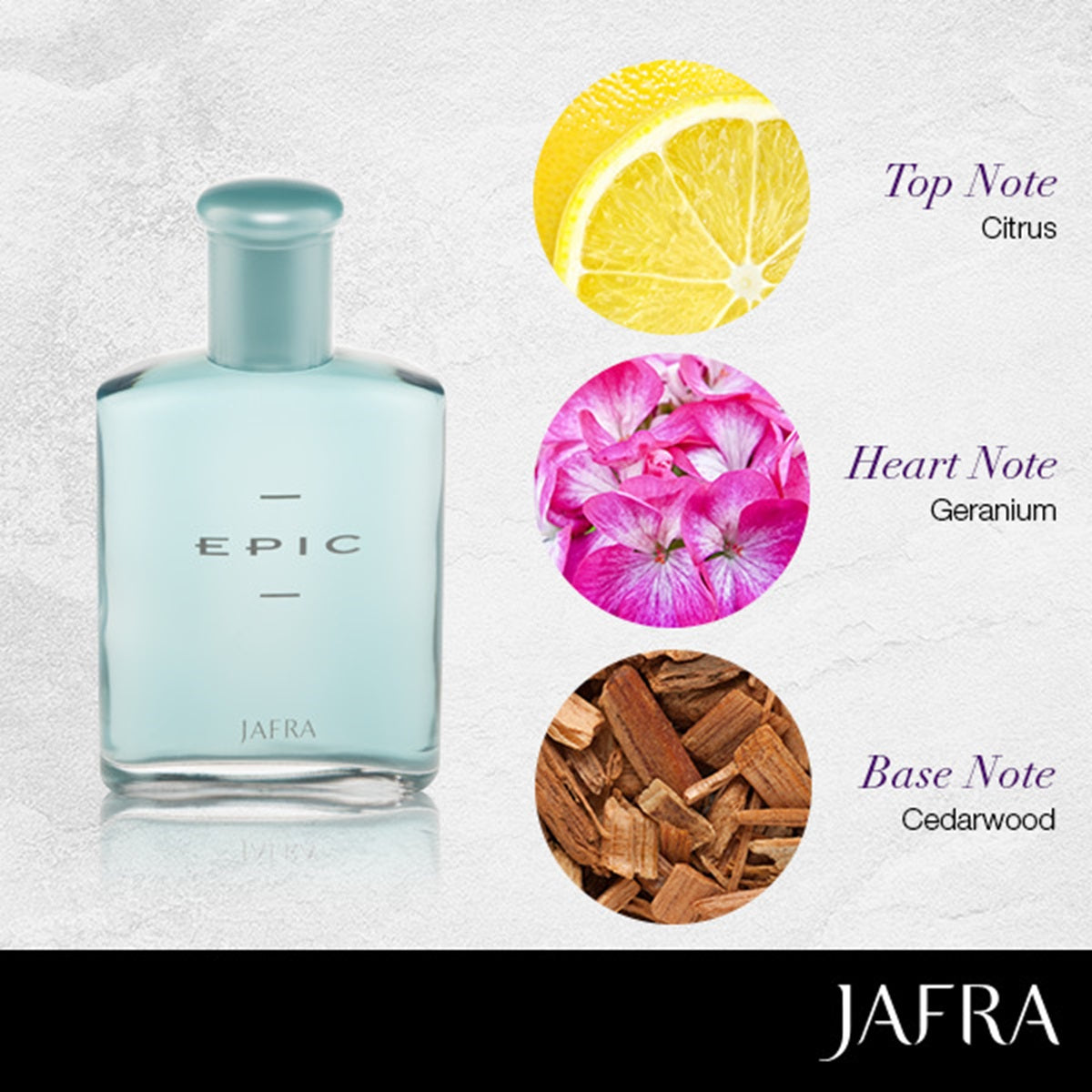 JAFRA Epic perfume bottle with notes of citrus, geranium, and cedarwood on a light background