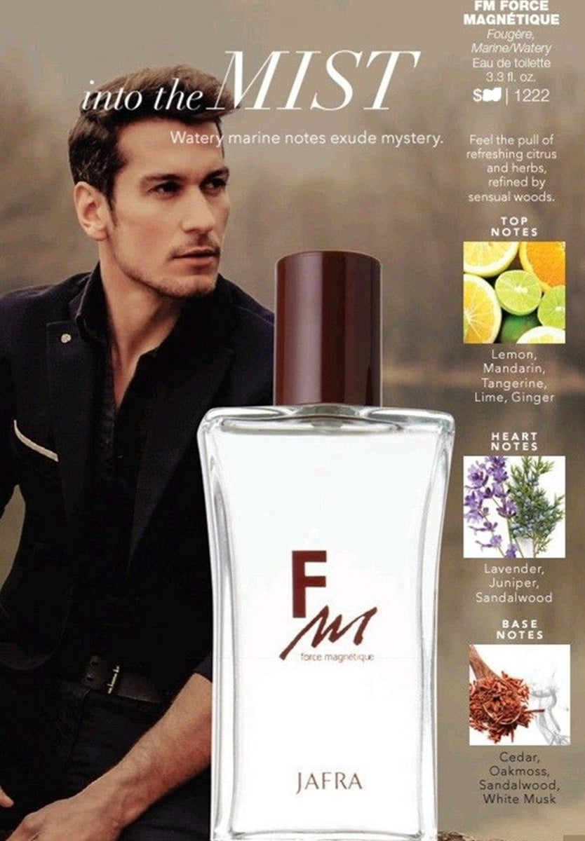 Advertisement for JAFRA perfume with a man and product details.