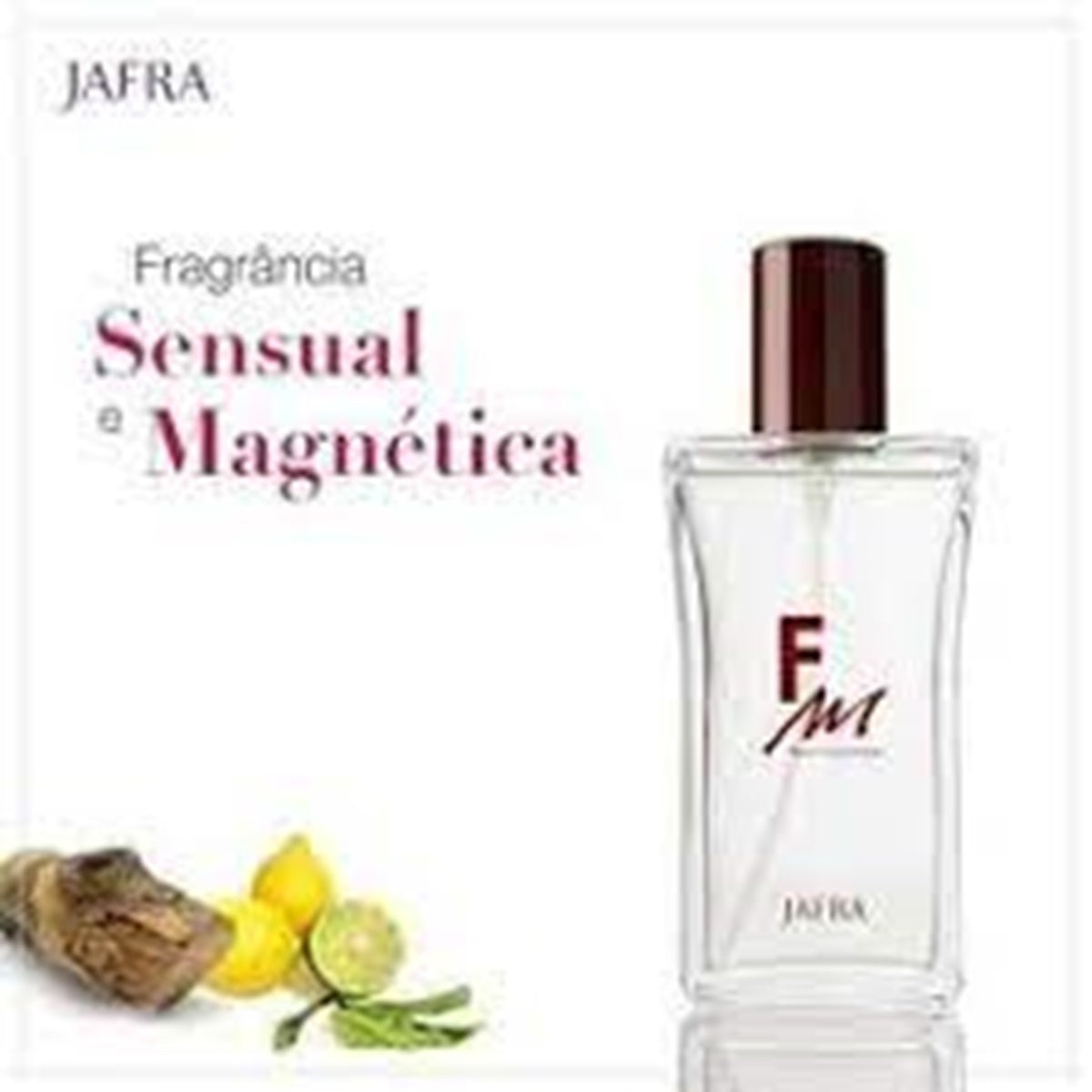 Perfume bottle with 'JAFRA' branding and 'Fragáncia Sensual à Magnética' text on a white background.