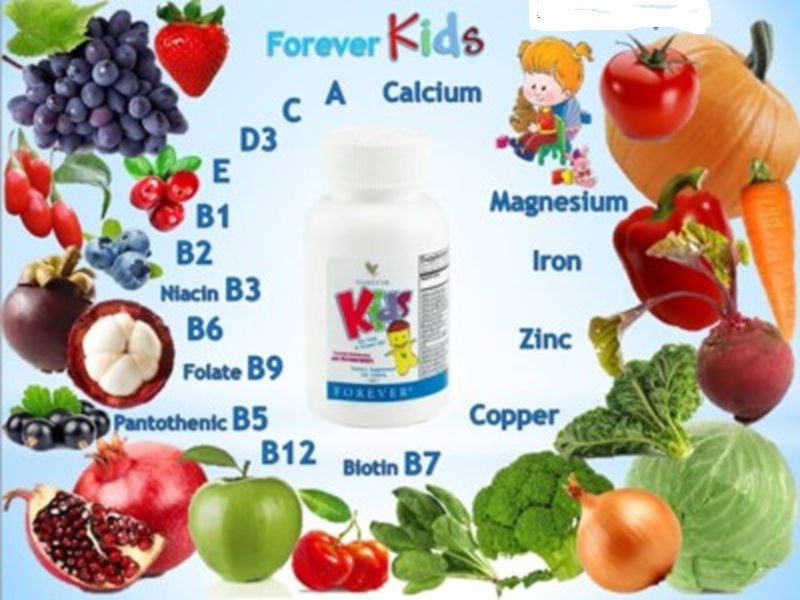 Supplement bottle labeled 'Forever Kids' surrounded by fruits, vegetables, and minerals on a white background.