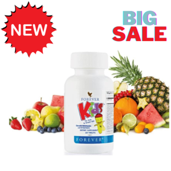 Forever Kids supplement bottle with fruits and 'NEW' and 'BIG SALE' text on a white background