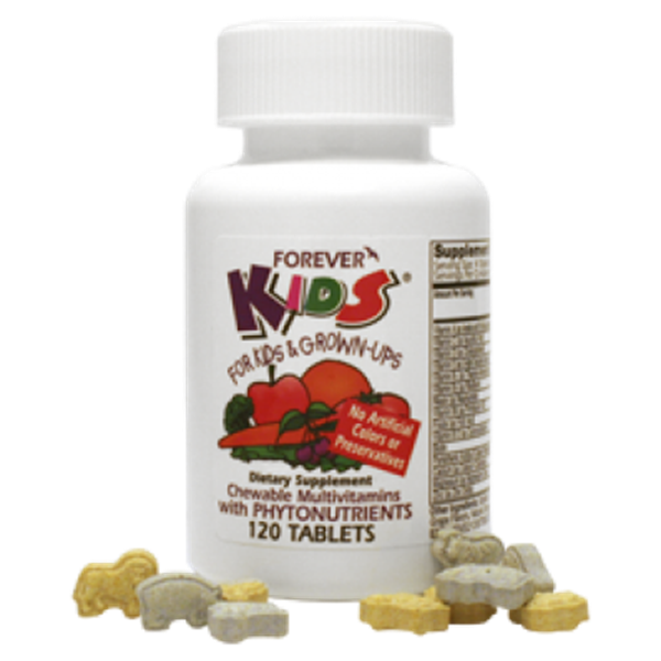 Supplement bottle labeled 'Forever Kids' with colorful packaging and tablets on a white background