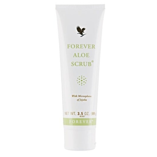 Tube of Forever Aloe Scrub with branding on a white background