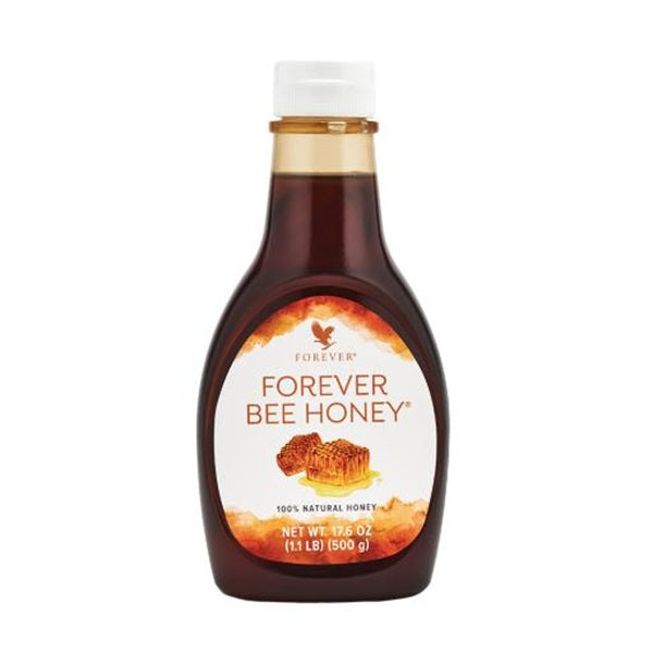 Bottle of Forever Bee Honey on a white background