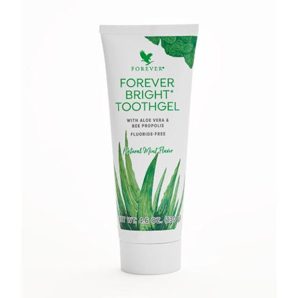 Tube of Forever Bright Toothgel with aloe vera and bee propolis on a white background