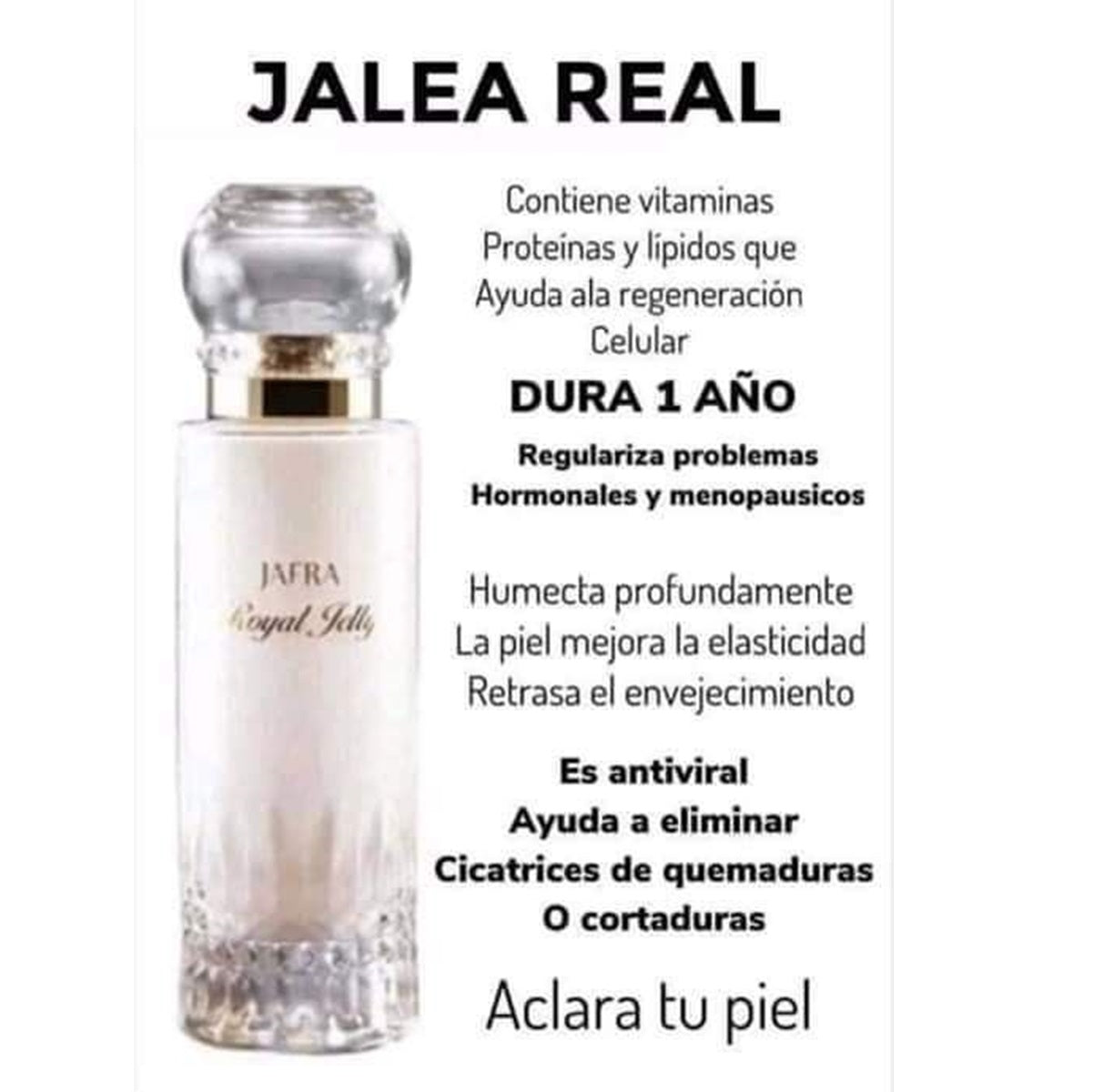 Jalea Real bottle with text about its benefits on a white background