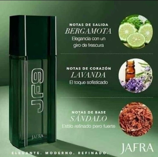Jafra perfume bottle with fragrance notes on a green background