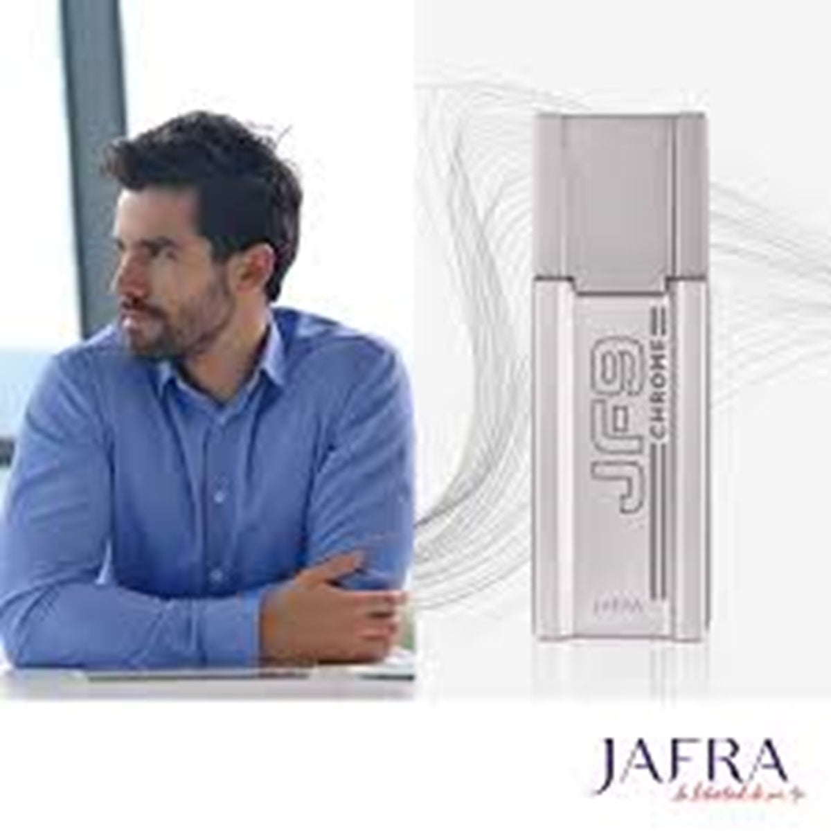 Man sitting at a desk with a JAFRA product displayed next to him