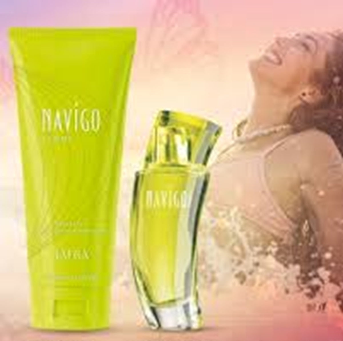 Two Navigo products, a bottle and a tube, with a blurred background of a woman.