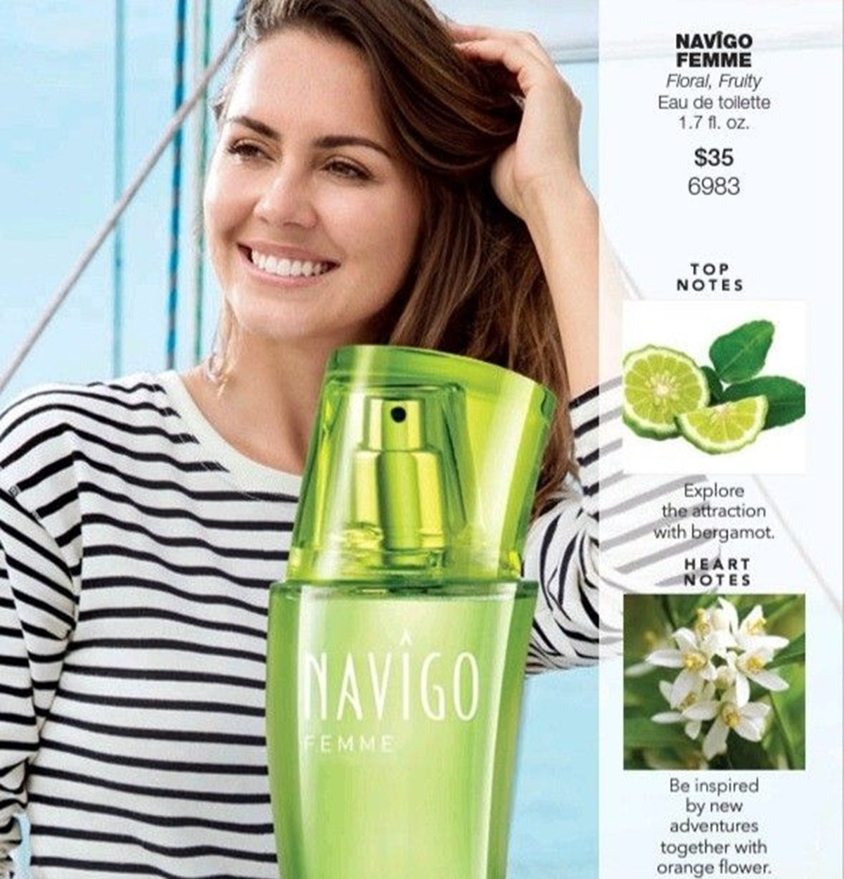 Woman holding a green Navigo perfume bottle with product details on the right.