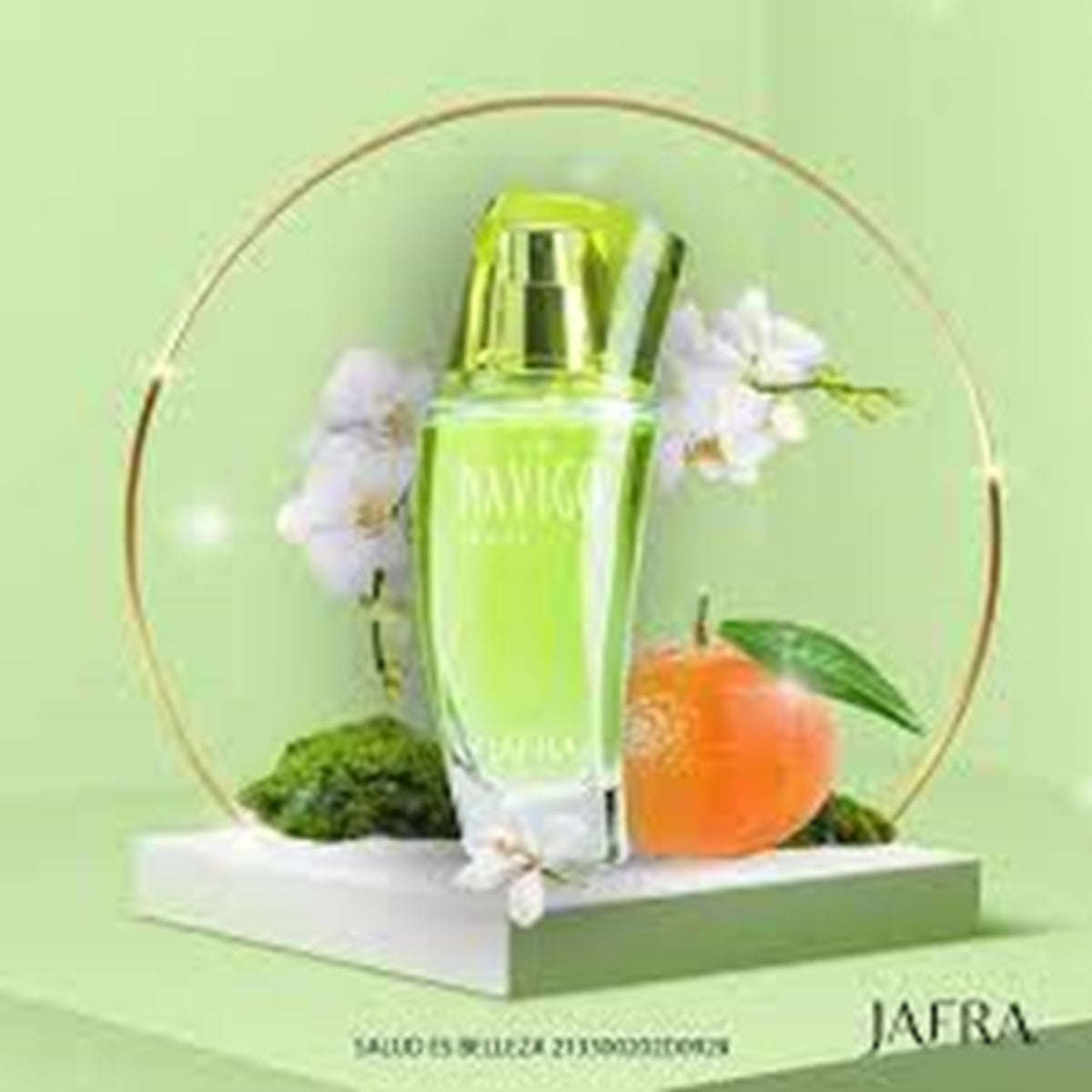 Green skincare bottle with flowers and an orange on a light green background, featuring the brand 'JAFRA'.