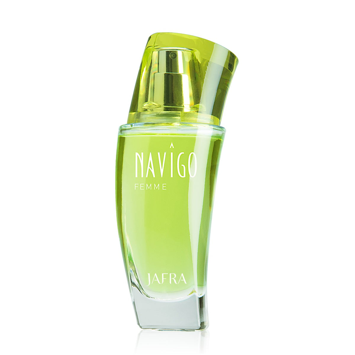 Green perfume bottle labeled 'Navigo Femme' by 'Jafra' on a white background