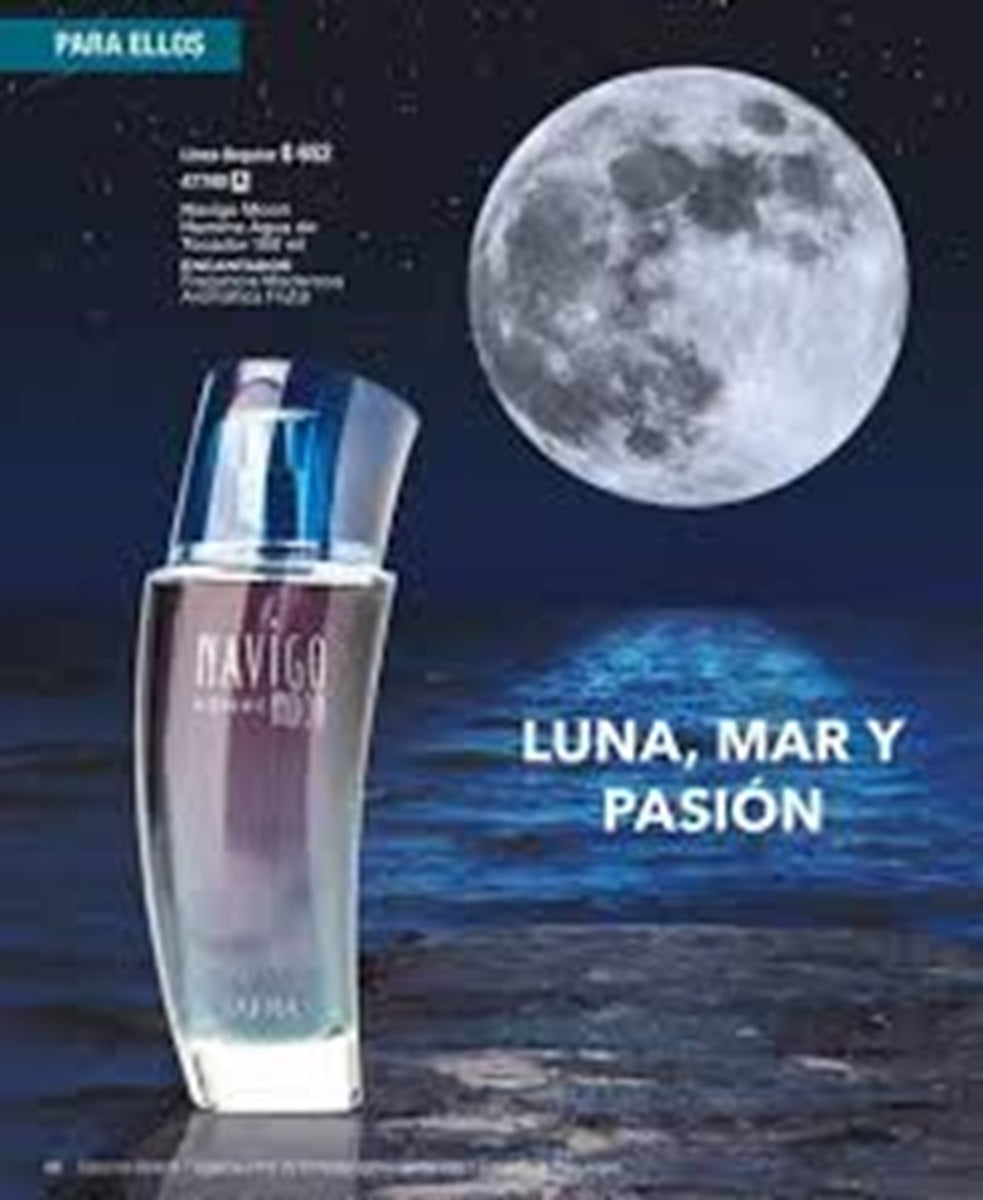 Perfume bottle with moon and water background, labeled 'Luna, Mar y Pasión' on a magazine or catalog page.