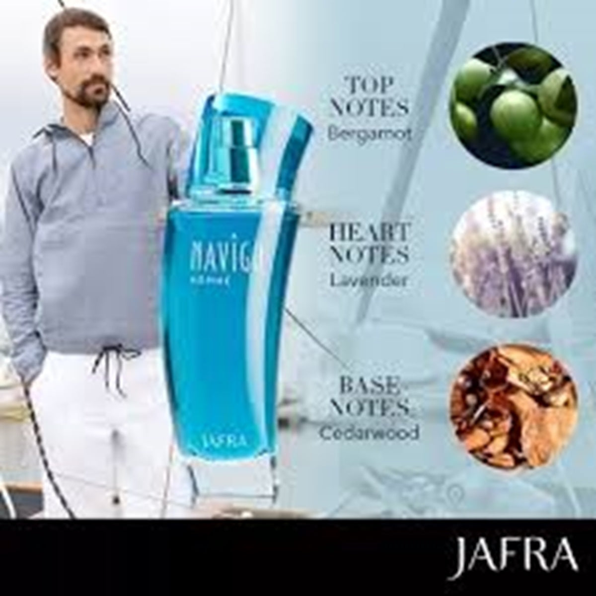 Blue perfume bottle with 'JAFRA' branding and notes displayed on a light blue background.