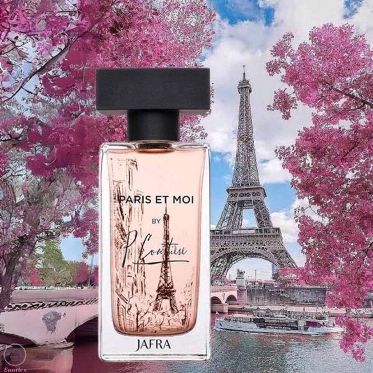 Perfume bottle with Eiffel Tower and cherry blossoms in the background